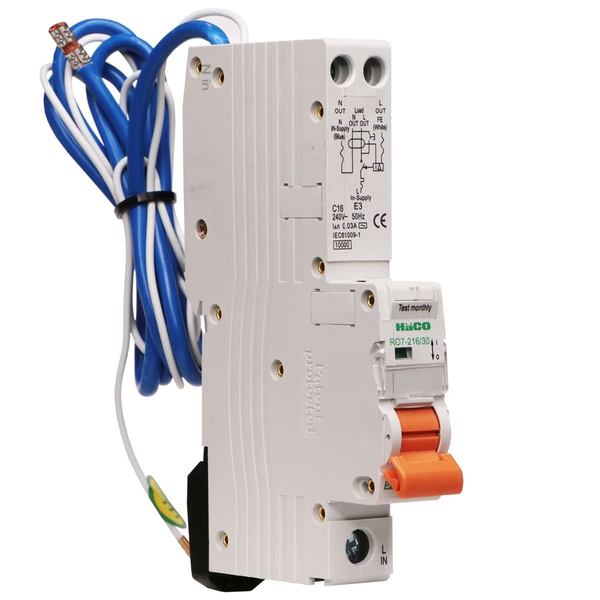 Haco RO7-216/30 RCBO 1P+N 16 A 240Vac 30mA Tripped 0.1S 10kA 50Hz